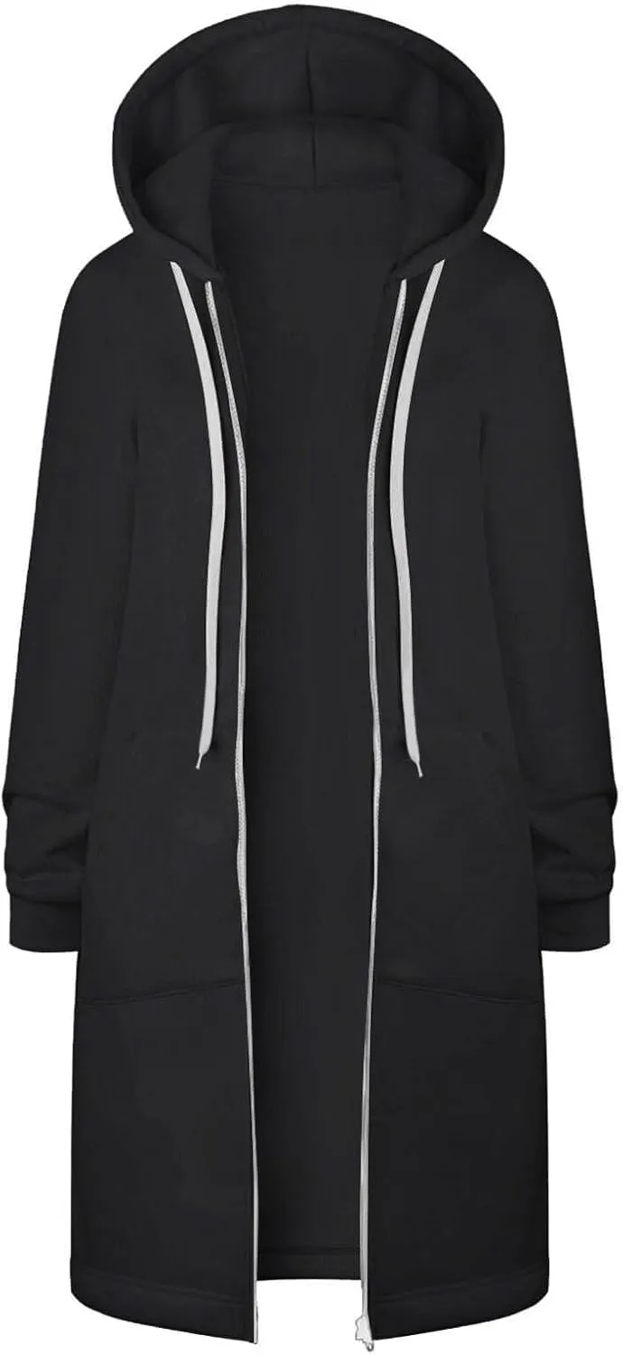 Long Hoodies for Women Zipper Fleece Hooded Jacket Fall/Winter Lightweight Casual Tunic Sweatshirts with Pockets