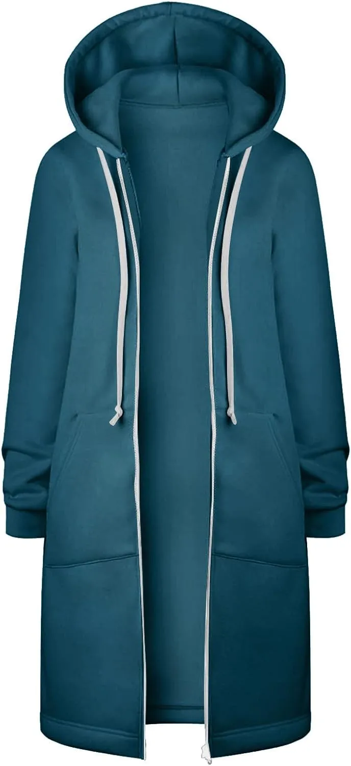 Long Hoodies for Women Zipper Fleece Hooded Jacket Fall/Winter Lightweight Casual Tunic Sweatshirts with Pockets