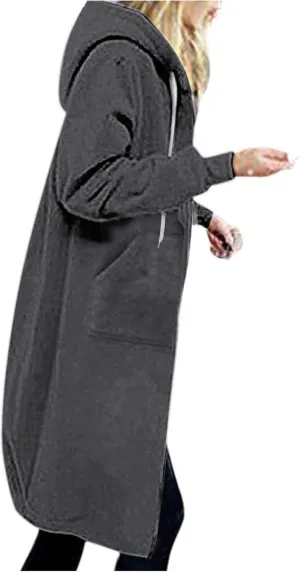 Long Hoodies for Women Zipper Fleece Hooded Jacket Fall/Winter Lightweight Casual Tunic Sweatshirts with Pockets