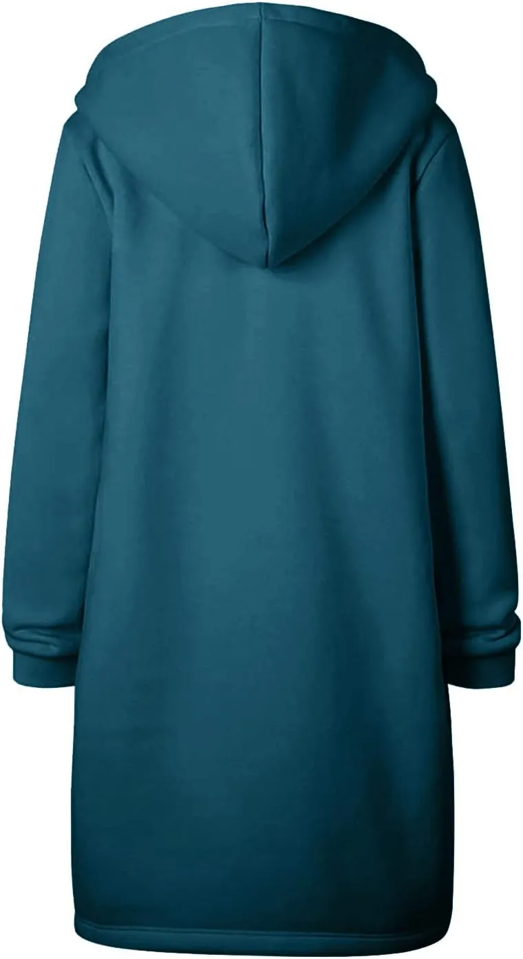 Long Hoodies for Women Zipper Fleece Hooded Jacket Fall/Winter Lightweight Casual Tunic Sweatshirts with Pockets