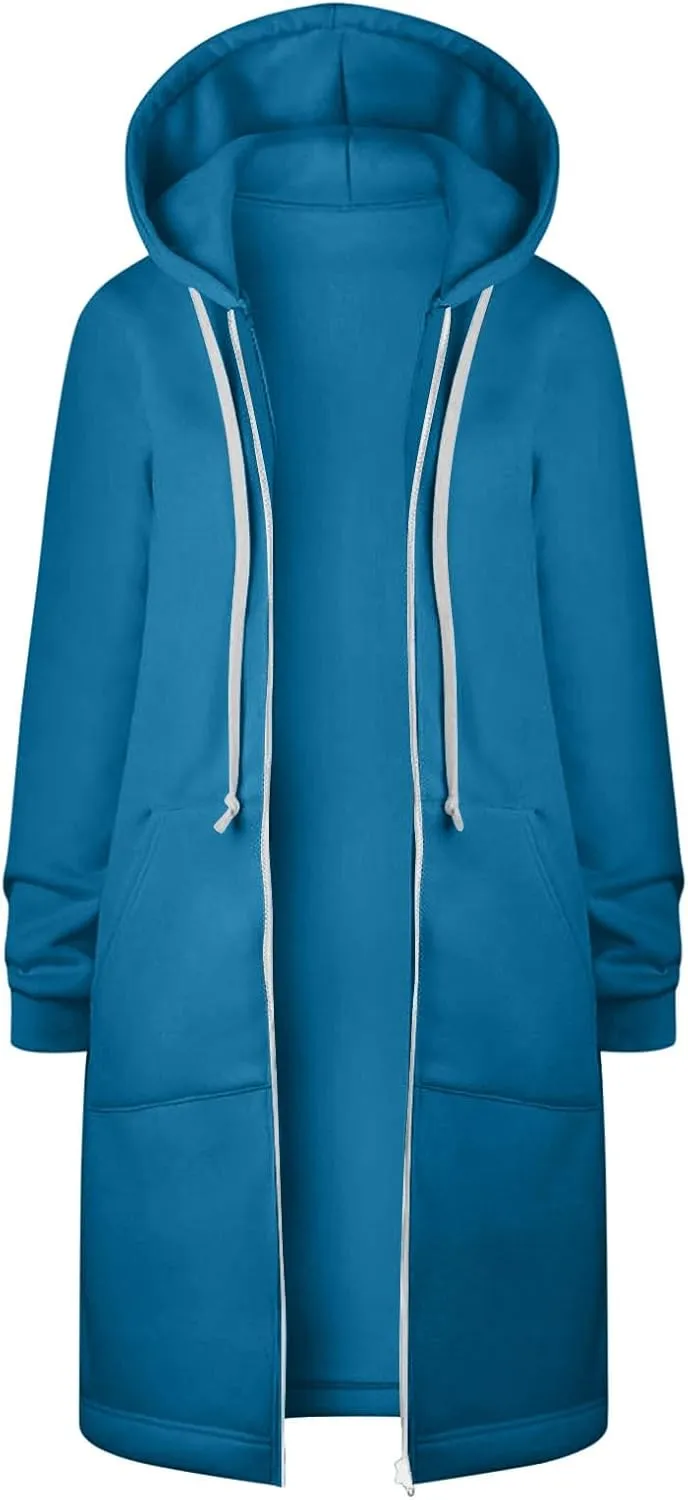 Long Hoodies for Women Zipper Fleece Hooded Jacket Fall/Winter Lightweight Casual Tunic Sweatshirts with Pockets