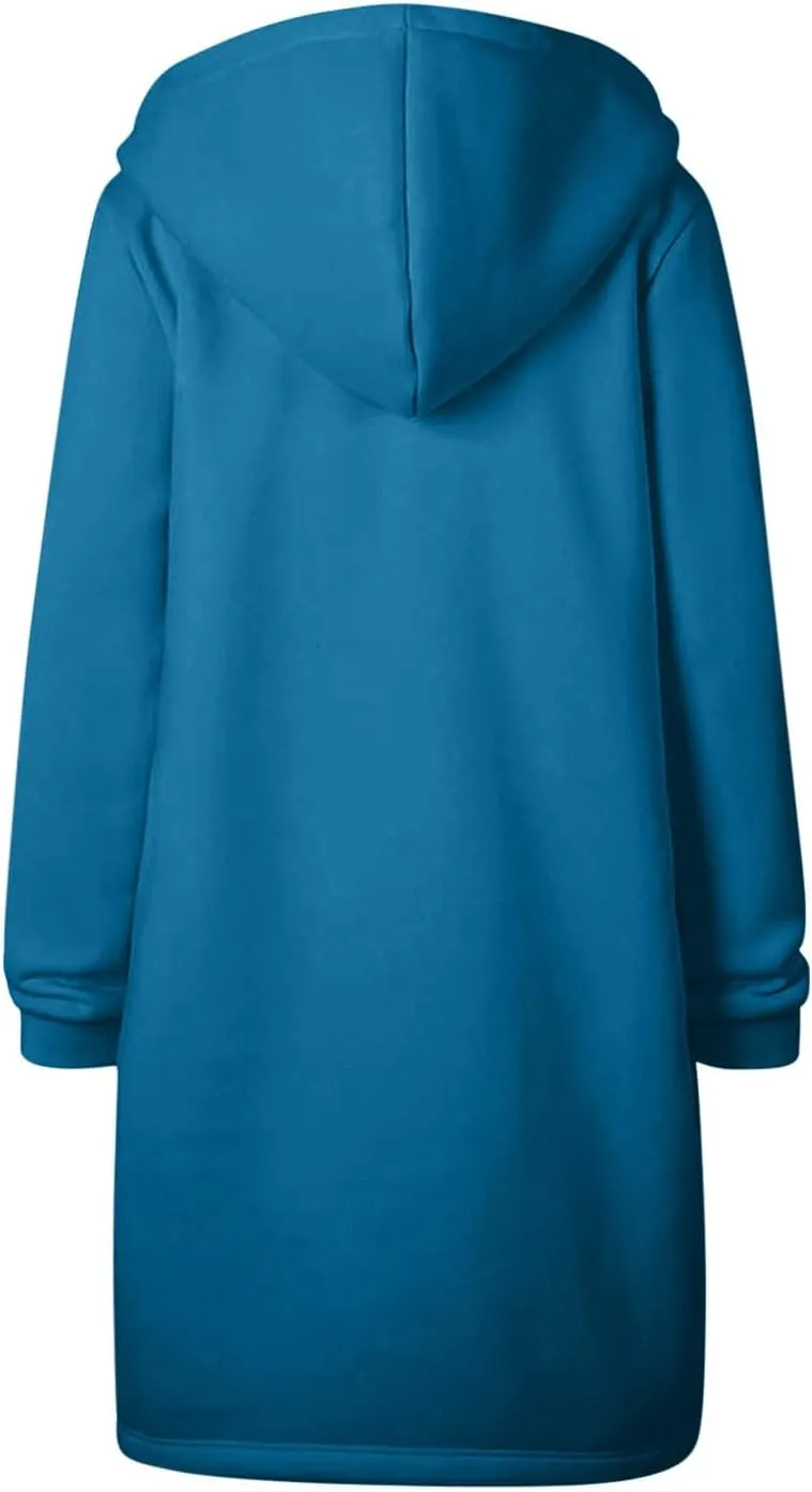 Long Hoodies for Women Zipper Fleece Hooded Jacket Fall/Winter Lightweight Casual Tunic Sweatshirts with Pockets
