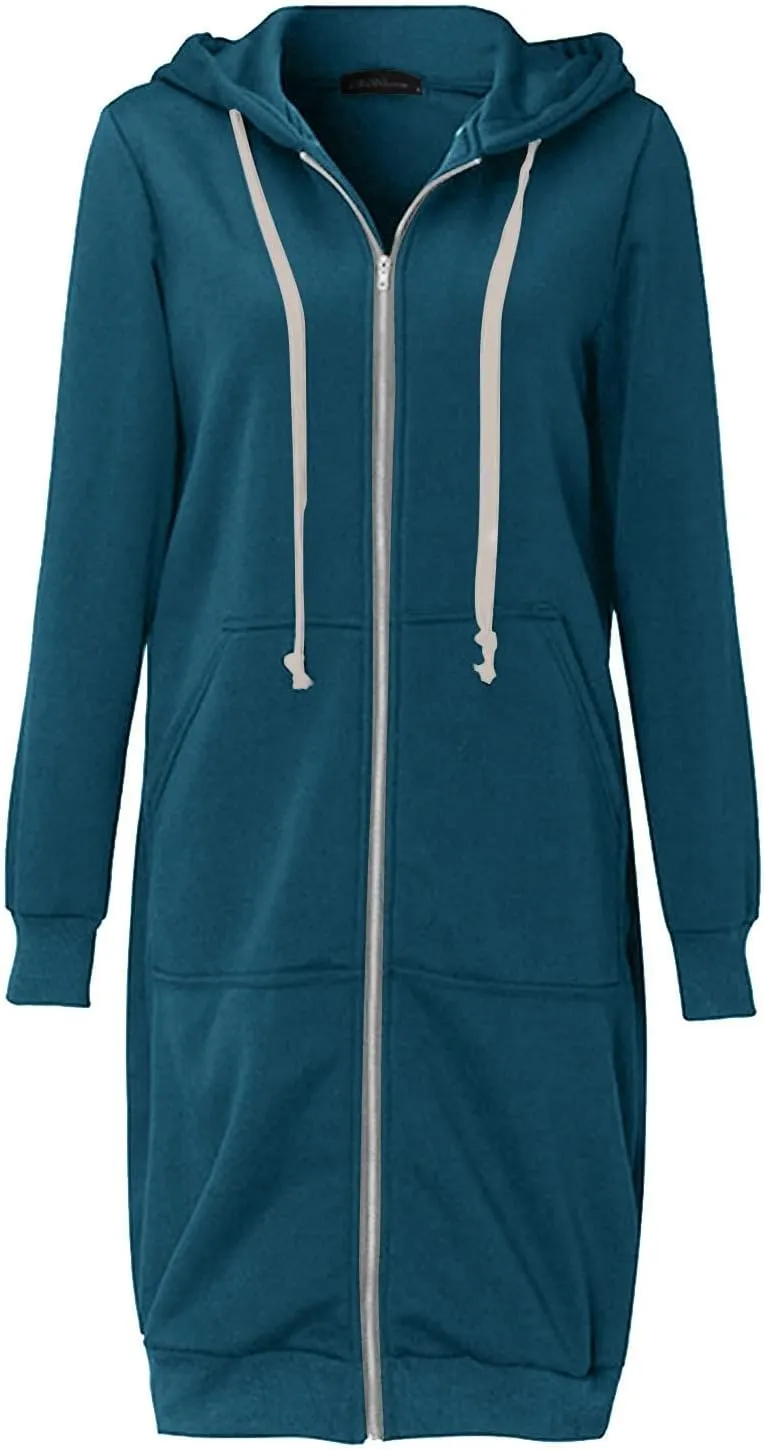 Long Hoodies for Women Zipper Fleece Hooded Jacket Fall/Winter Lightweight Casual Tunic Sweatshirts with Pockets