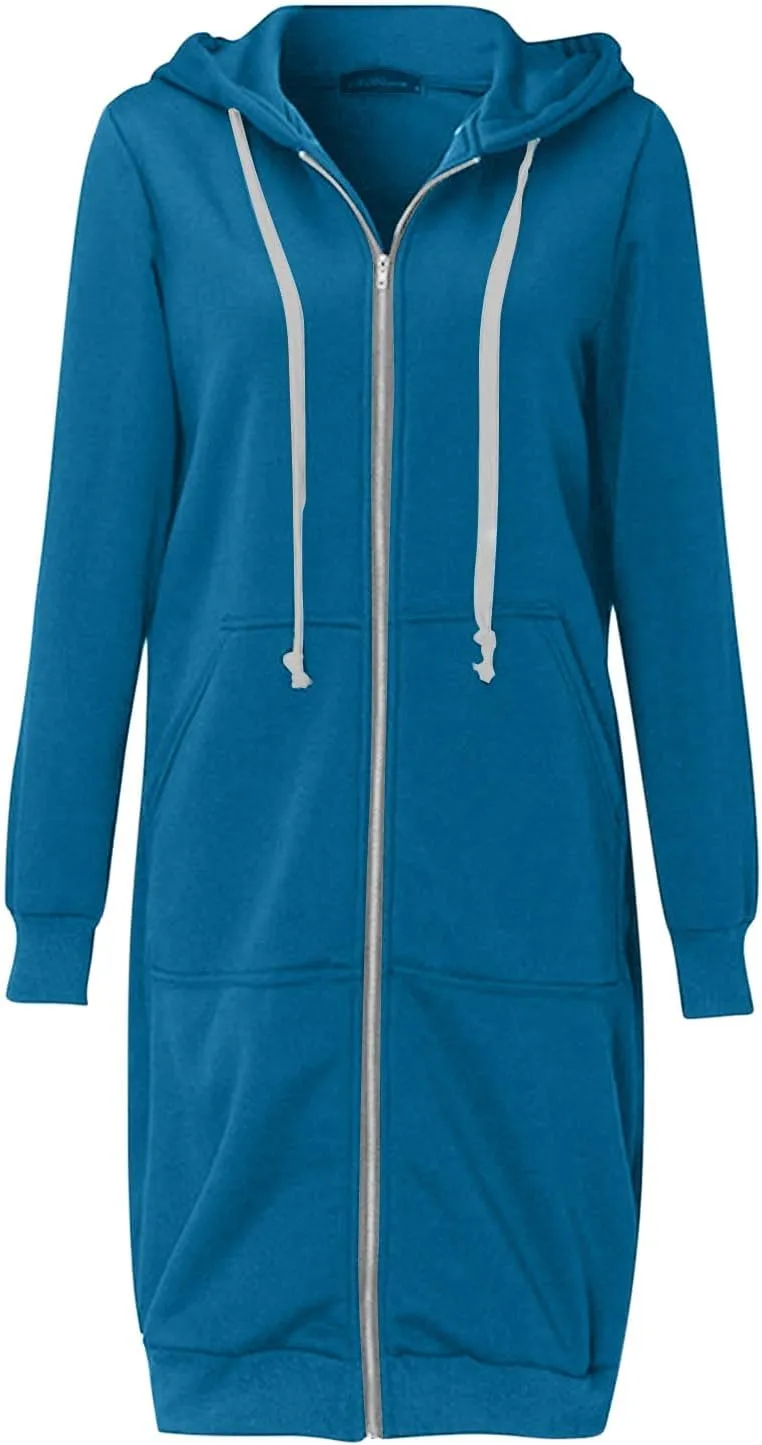 Long Hoodies for Women Zipper Fleece Hooded Jacket Fall/Winter Lightweight Casual Tunic Sweatshirts with Pockets