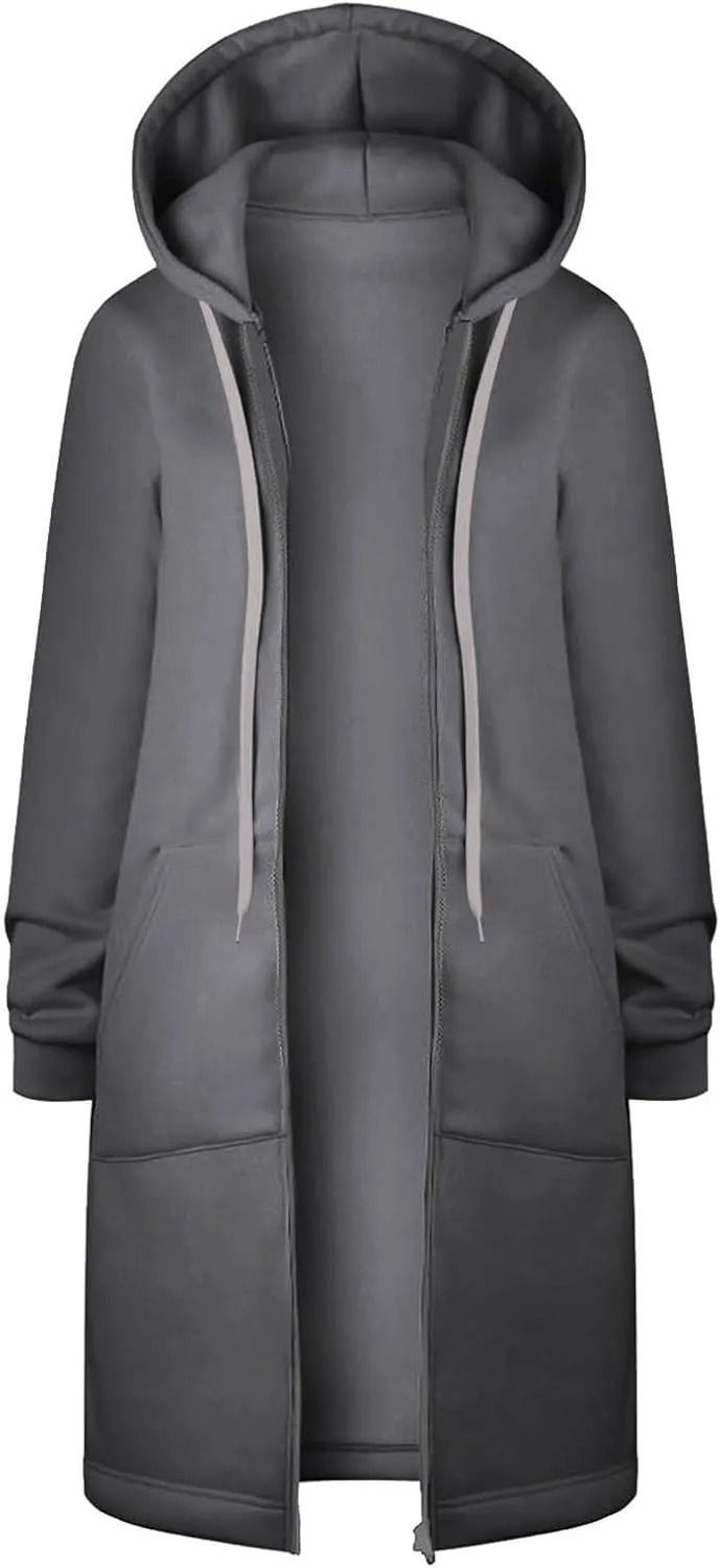 Long Hoodies for Women Zipper Fleece Hooded Jacket Fall/Winter Lightweight Casual Tunic Sweatshirts with Pockets