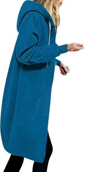 Long Hoodies for Women Zipper Fleece Hooded Jacket Fall/Winter Lightweight Casual Tunic Sweatshirts with Pockets