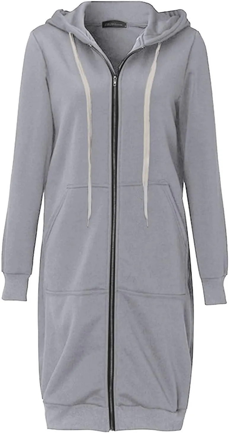 Long Hoodies for Women Zipper Fleece Hooded Jacket Fall/Winter Lightweight Casual Tunic Sweatshirts with Pockets