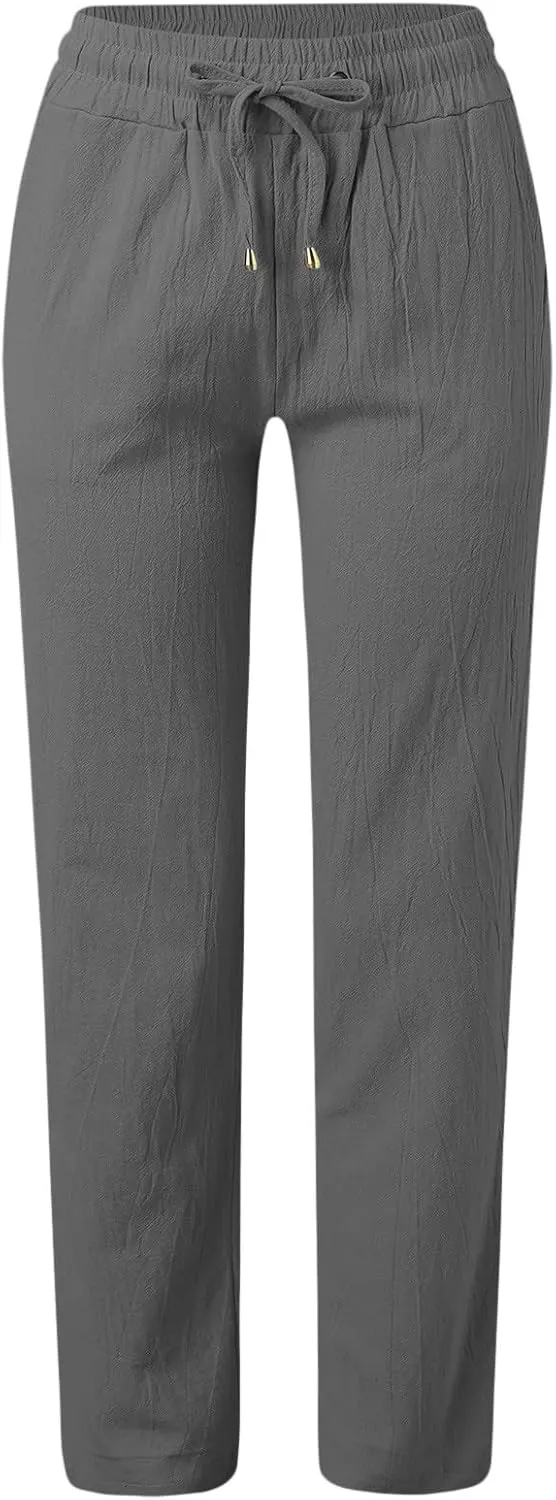 Long Lounge Pants for Women Drawstring Straight Leg Casual Pant Cotton Linen Cropped Pant Elastic Yoga Trousers with Pocket