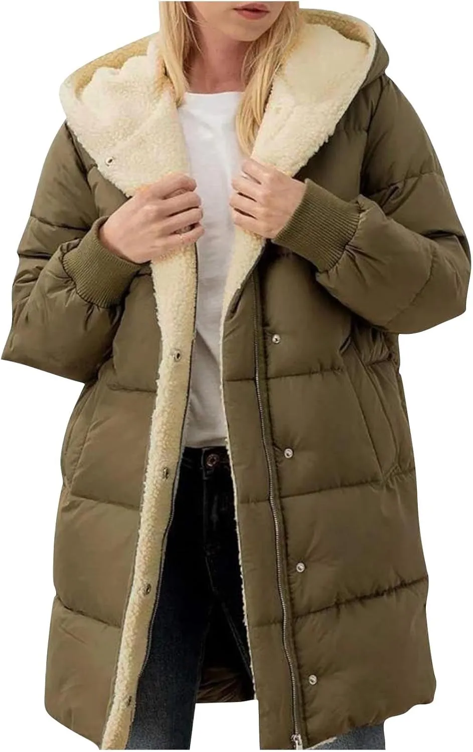 Long Puffer Coat Women Casual Reversible Fleece Jacket Coats Loose Fit Windbreaked Winter Oversized Outfits Hooded