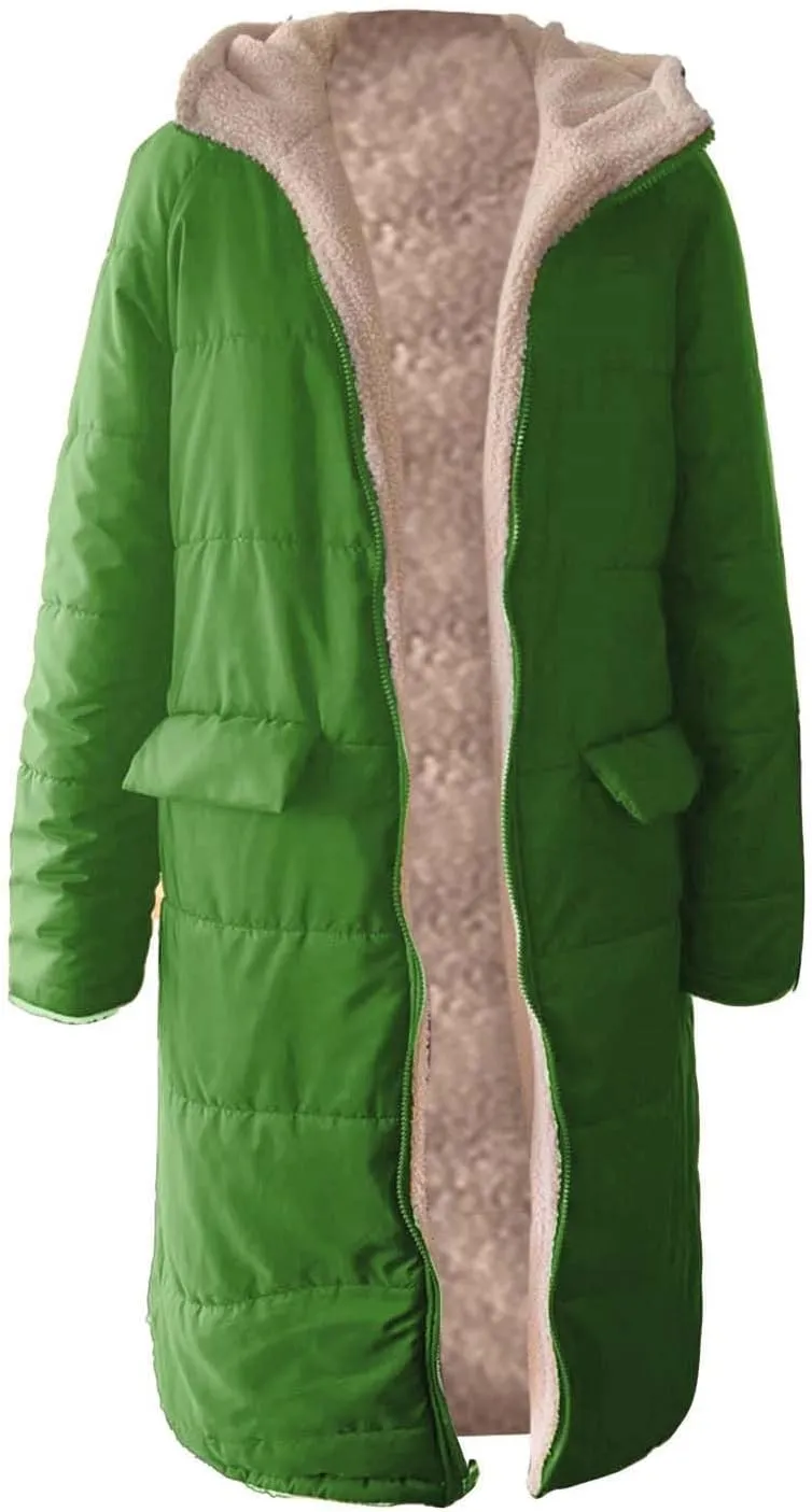 Long Puffer Coat Women Casual Reversible Fleece Jacket Coats Loose Fit Windbreaked Winter Oversized Outfits Hooded
