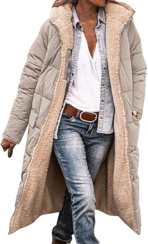 Long Puffer Coat Women Casual Reversible Fleece Jacket Coats Loose Fit Windbreaked Winter Oversized Outfits Hooded