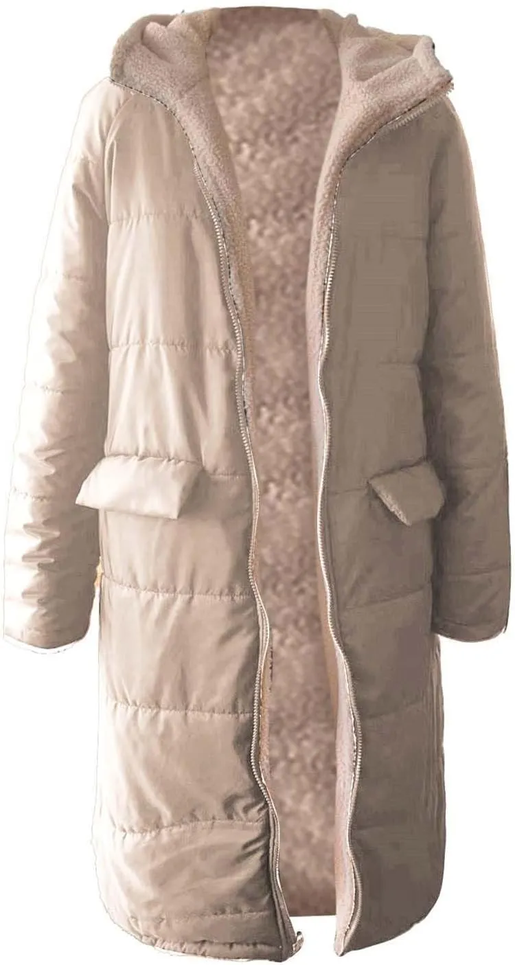 Long Puffer Coat Women Casual Reversible Fleece Jacket Coats Loose Fit Windbreaked Winter Oversized Outfits Hooded