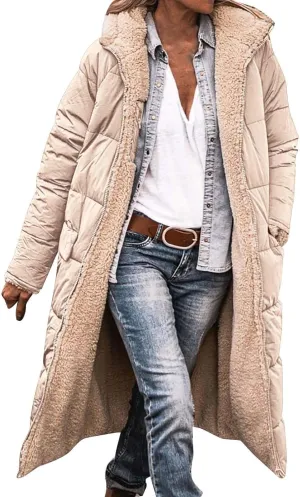Long Puffer Coat Women Casual Reversible Fleece Jacket Coats Loose Fit Windbreaked Winter Oversized Outfits Hooded