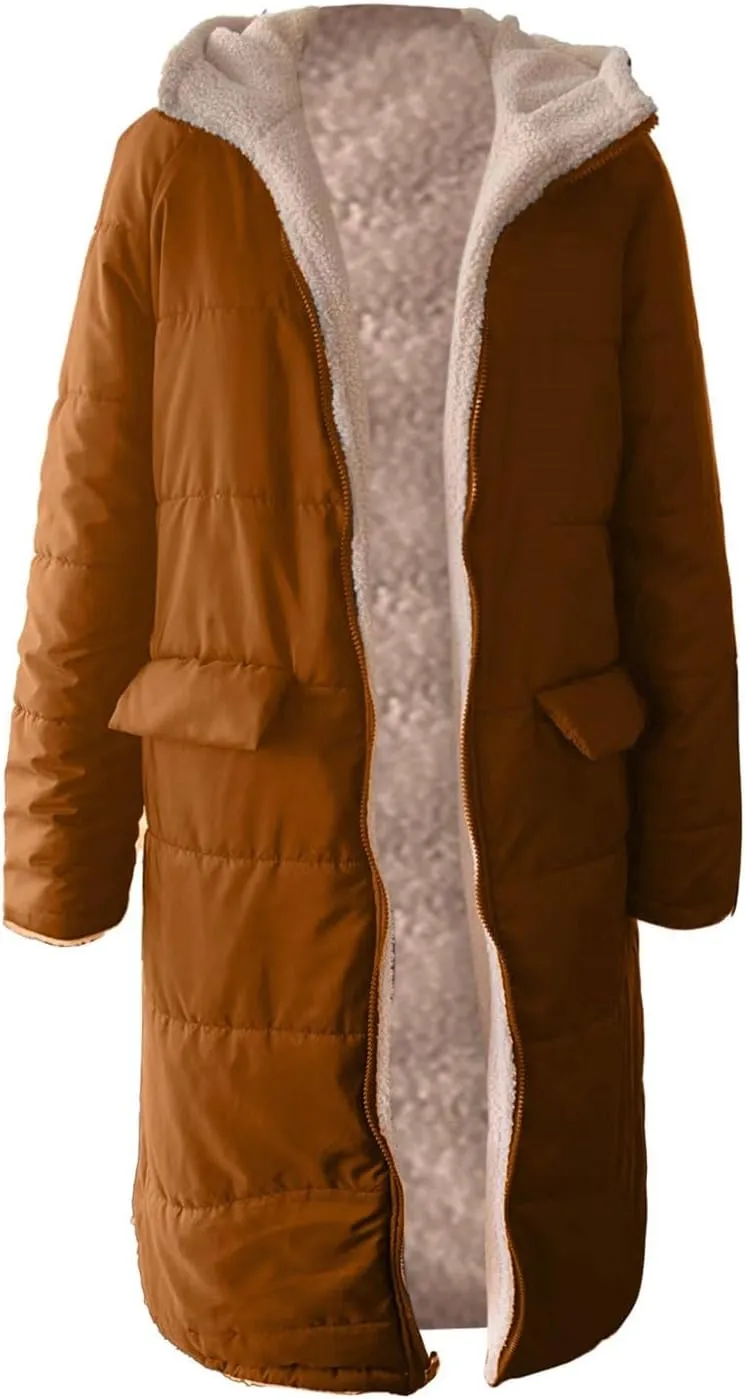 Long Puffer Coat Women Casual Reversible Fleece Jacket Coats Loose Fit Windbreaked Winter Oversized Outfits Hooded