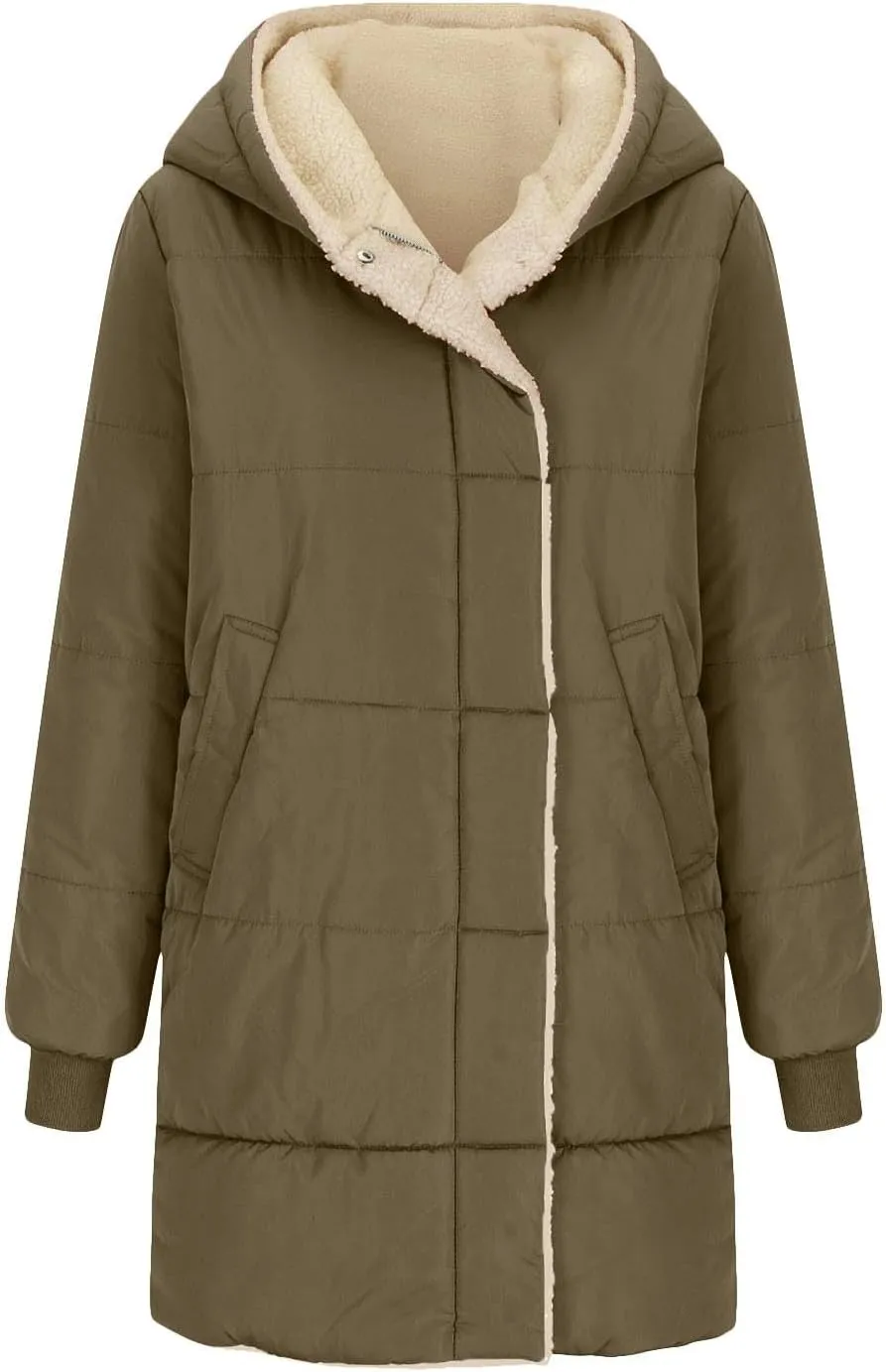 Long Puffer Coat Women Casual Reversible Fleece Jacket Coats Loose Fit Windbreaked Winter Oversized Outfits Hooded