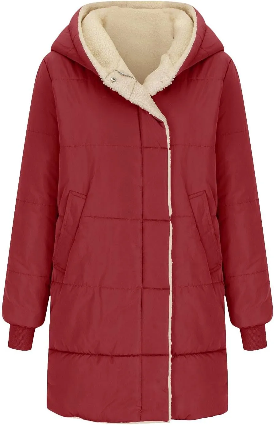 Long Puffer Coat Women Casual Reversible Fleece Jacket Coats Loose Fit Windbreaked Winter Oversized Outfits Hooded