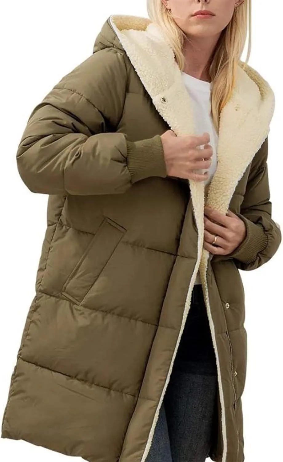 Long Puffer Coat Women Casual Reversible Fleece Jacket Coats Loose Fit Windbreaked Winter Oversized Outfits Hooded