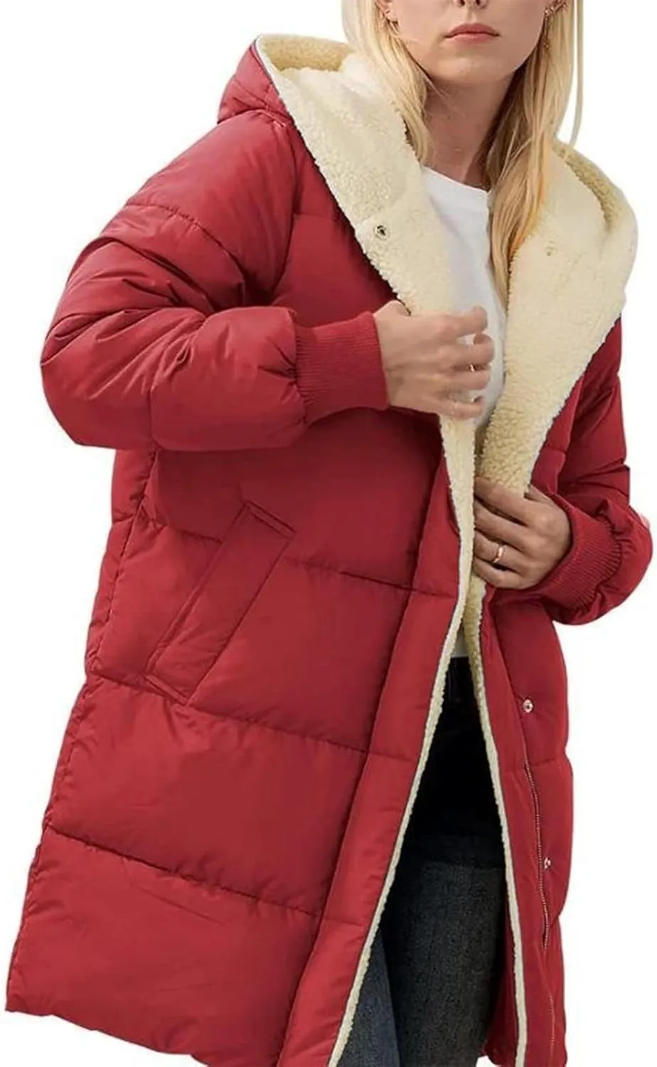 Long Puffer Coat Women Casual Reversible Fleece Jacket Coats Loose Fit Windbreaked Winter Oversized Outfits Hooded