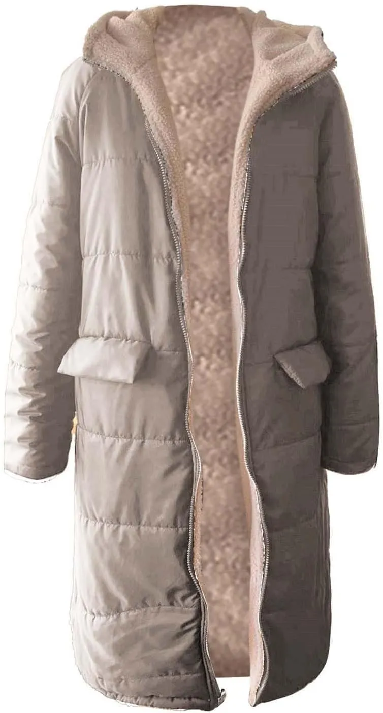 Long Puffer Coat Women Casual Reversible Fleece Jacket Coats Loose Fit Windbreaked Winter Oversized Outfits Hooded