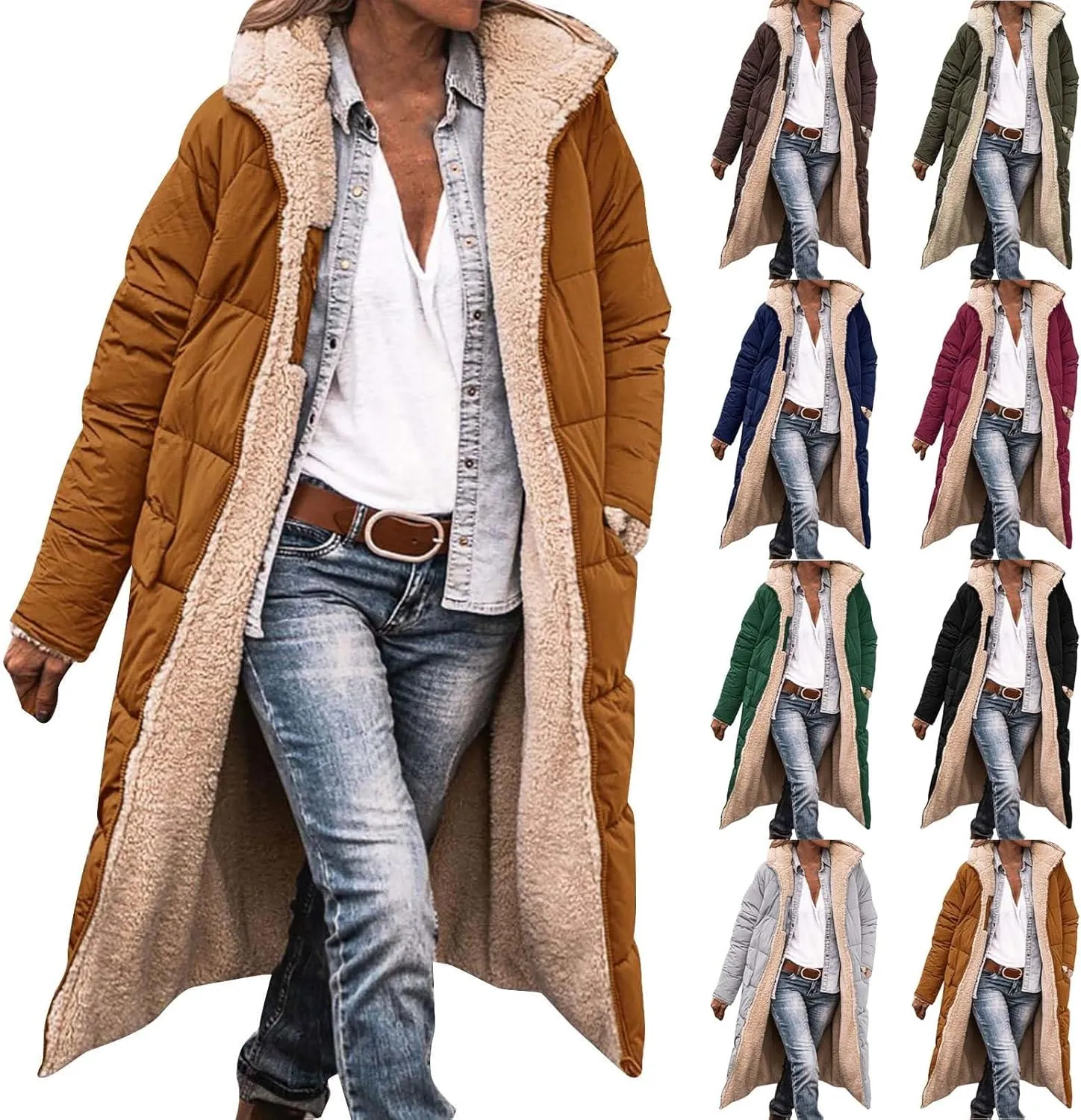 Long Puffer Coat Women Casual Reversible Fleece Jacket Coats Loose Fit Windbreaked Winter Oversized Outfits Hooded
