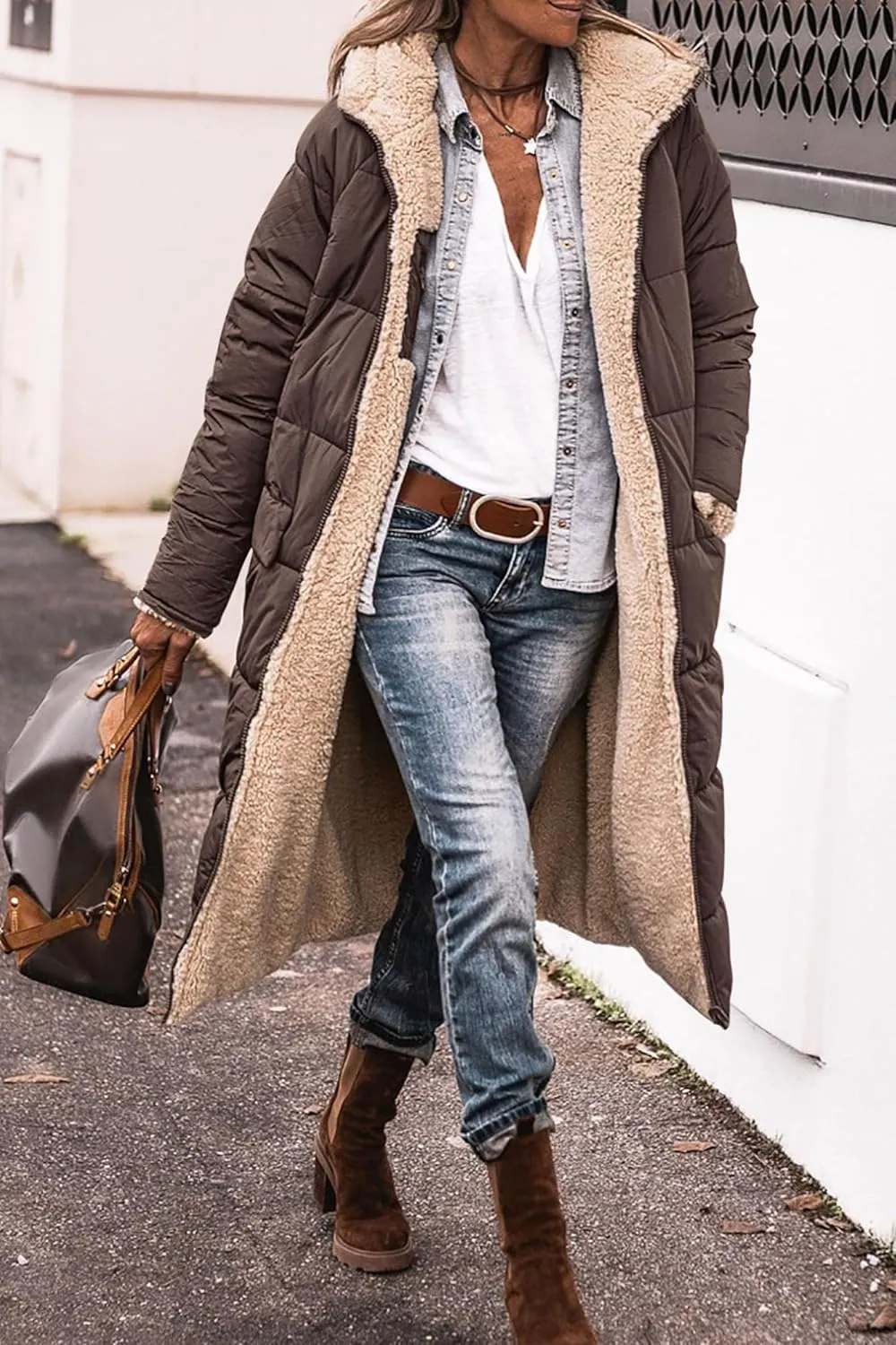 Long Puffer Coat Women Reversible Fleece Jacket Winter Hooded Down Coat Oversized Shearling Fleece Long Coats Jackets