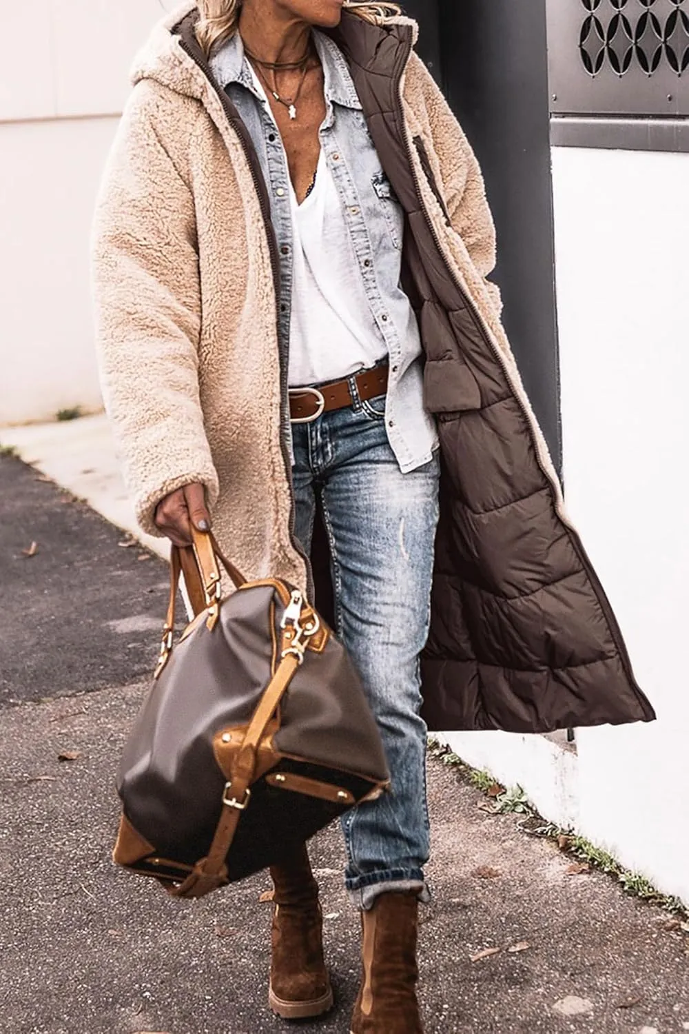 Long Puffer Coat Women Reversible Fleece Jacket Winter Hooded Down Coat Oversized Shearling Fleece Long Coats Jackets