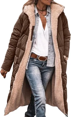 Long Puffer Coat Women Reversible Fleece Jacket Winter Hooded Down Coat Oversized Shearling Fleece Long Coats Jackets