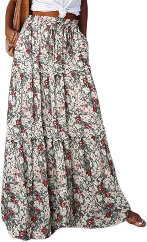 Long Skirts for Women Drawstring Elastic Waist Pleated Skirt Boho Paisley Printed Beach Party Skorts with Pockets