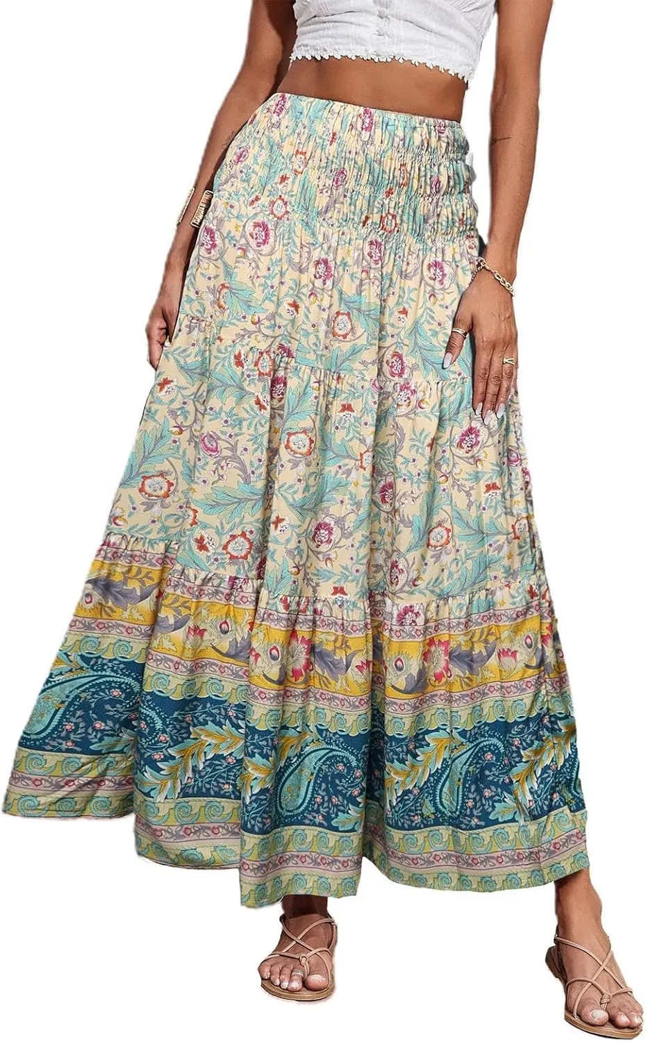 Long Skirts for Women Floral Boho Flowy Maxi Skirt Swing Tiered Midi Skirt Smocked Elastic High Waisted Skirts