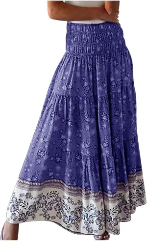 Long Skirts for Women Floral Boho Flowy Maxi Skirt Swing Tiered Midi Skirt Smocked Elastic High Waisted Skirts