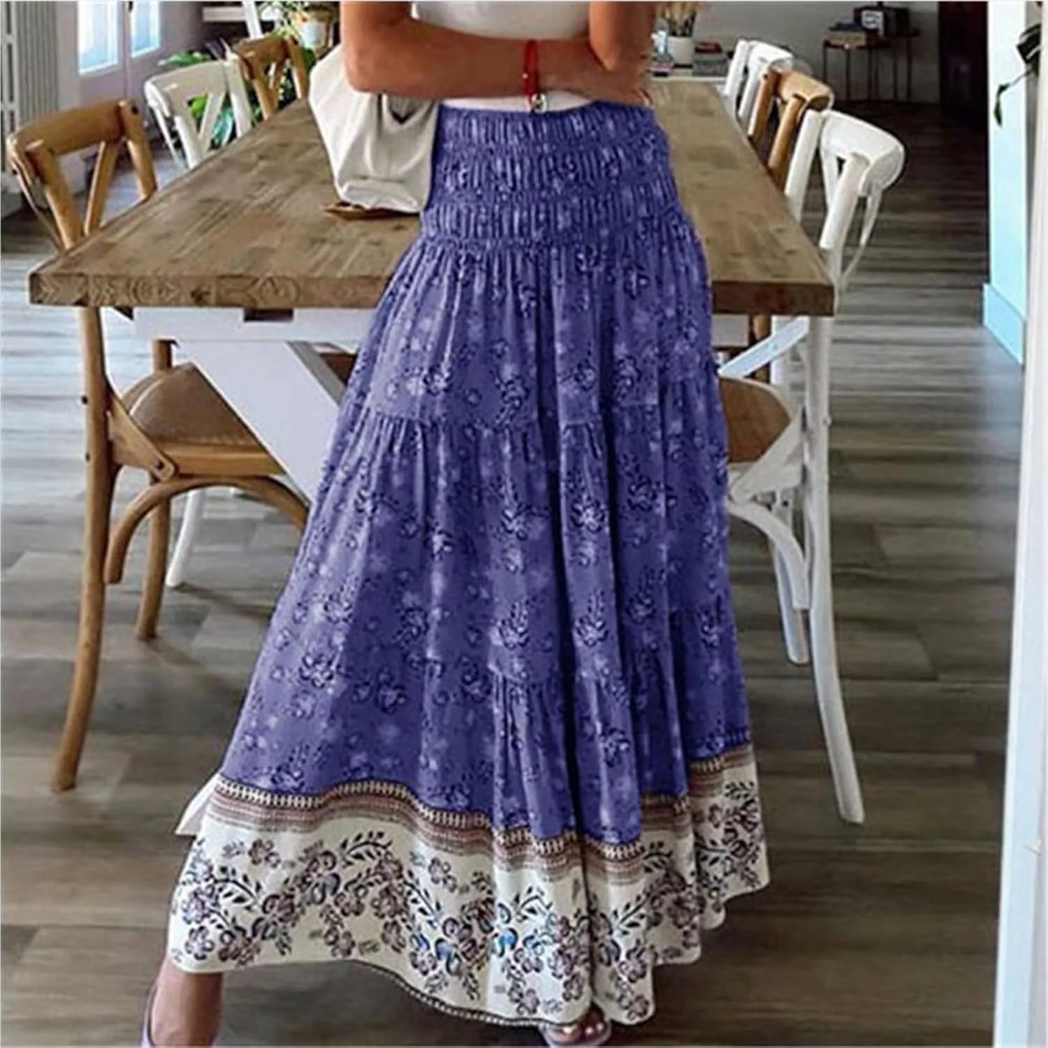 Long Skirts for Women Floral Boho Flowy Maxi Skirt Swing Tiered Midi Skirt Smocked Elastic High Waisted Skirts