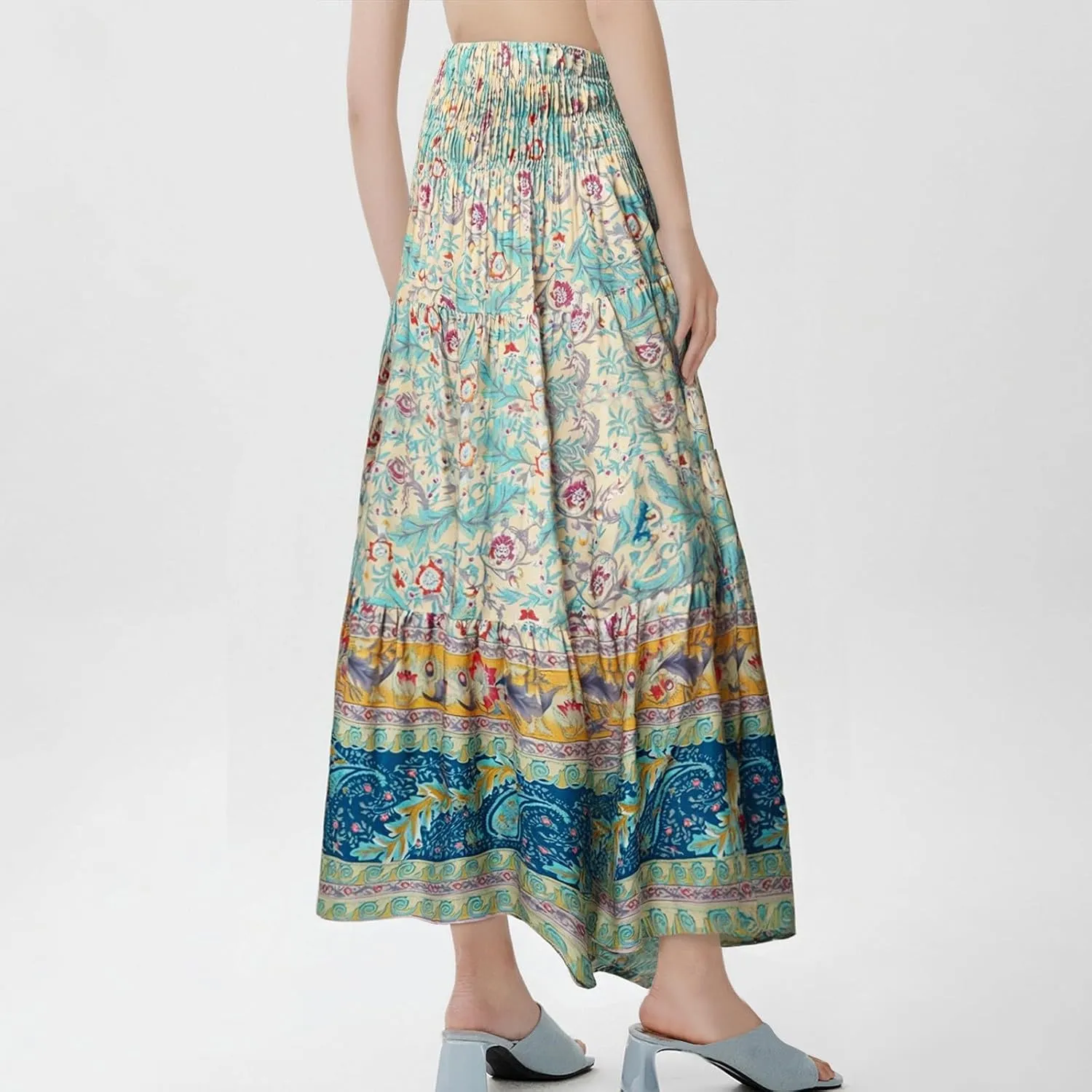 Long Skirts for Women Floral Boho Flowy Maxi Skirt Swing Tiered Midi Skirt Smocked Elastic High Waisted Skirts