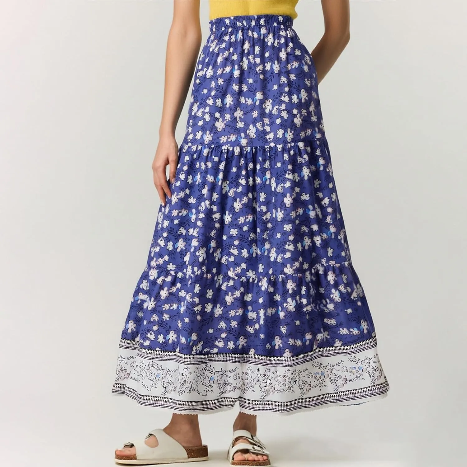 Long Skirts for Women Floral Boho Flowy Maxi Skirt Swing Tiered Midi Skirt Smocked Elastic High Waisted Skirts