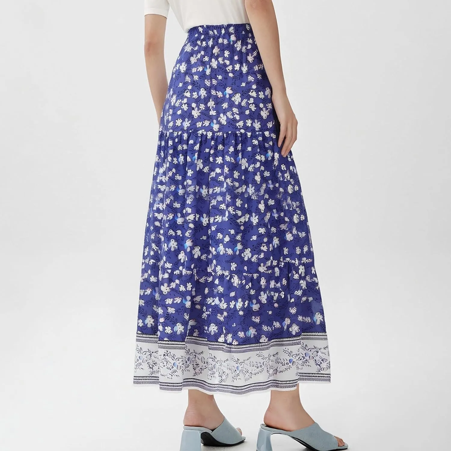 Long Skirts for Women Floral Boho Flowy Maxi Skirt Swing Tiered Midi Skirt Smocked Elastic High Waisted Skirts