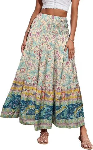 Long Skirts for Women Floral Boho Flowy Maxi Skirt Swing Tiered Midi Skirt Smocked Elastic High Waisted Skirts