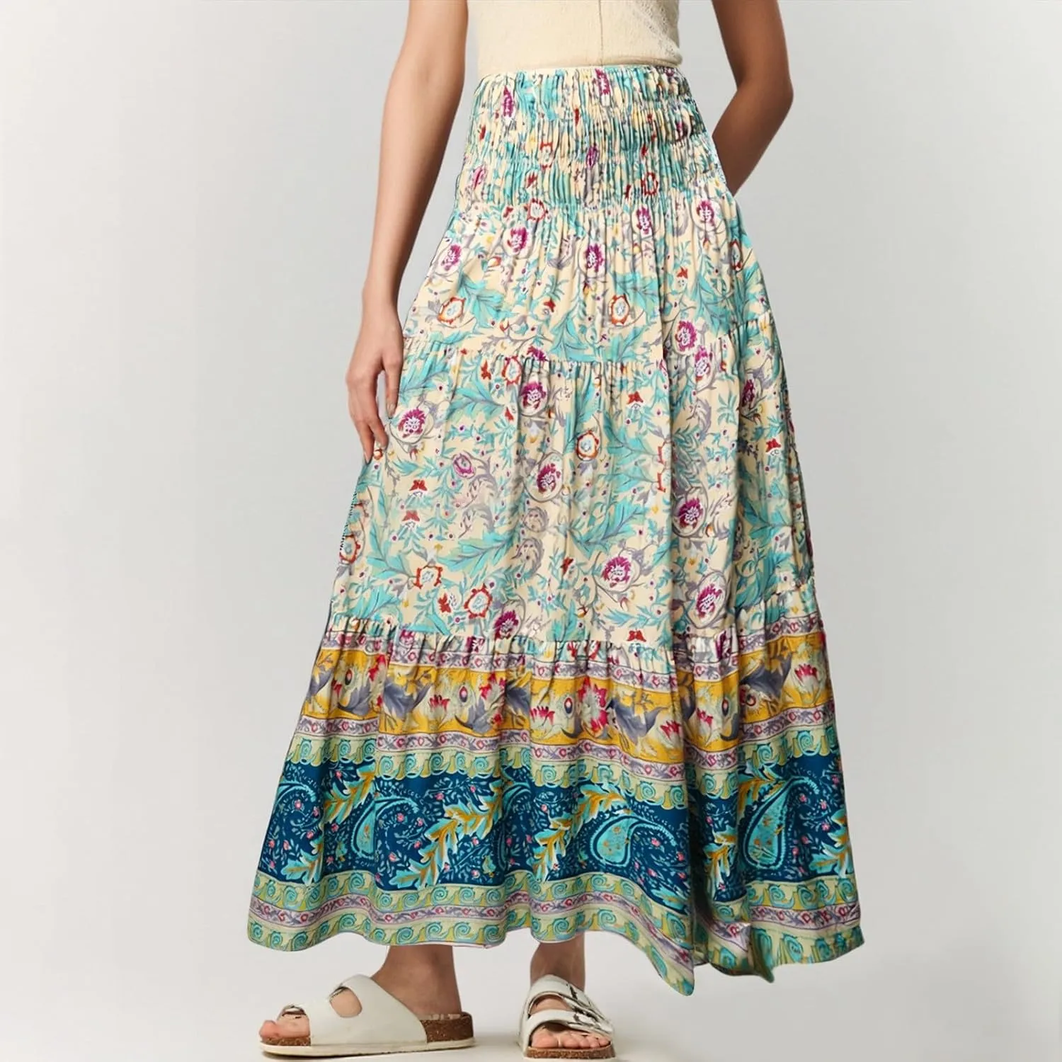 Long Skirts for Women Floral Boho Flowy Maxi Skirt Swing Tiered Midi Skirt Smocked Elastic High Waisted Skirts