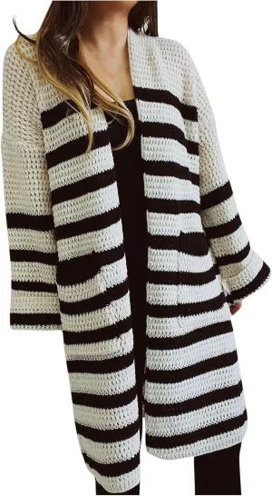 Long Sleeve Striped Knit Long Cardigan for Women 2024 Fall Winter Chunky Open Front Button Sweaters with Pockets