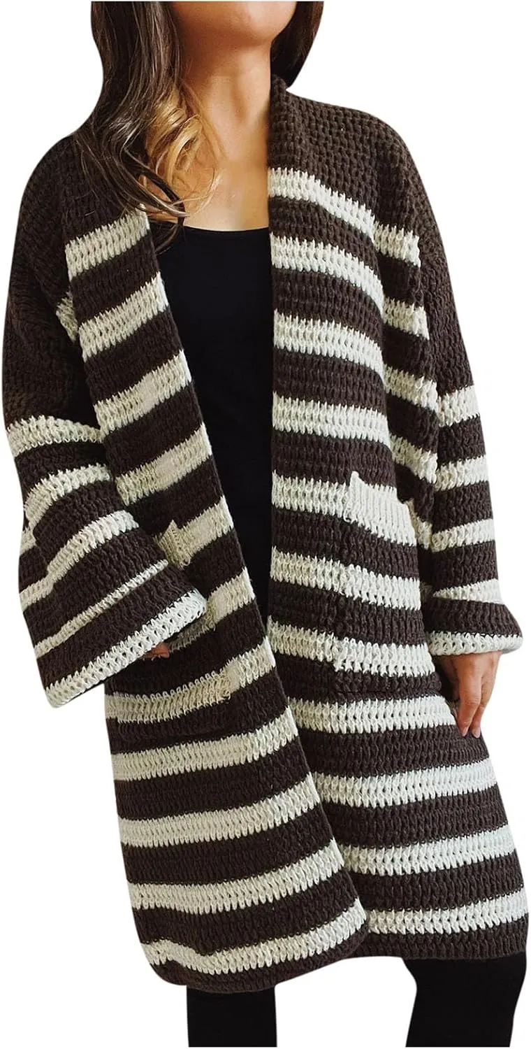 Long Sleeve Striped Knit Long Cardigan for Women 2024 Fall Winter Chunky Open Front Button Sweaters with Pockets