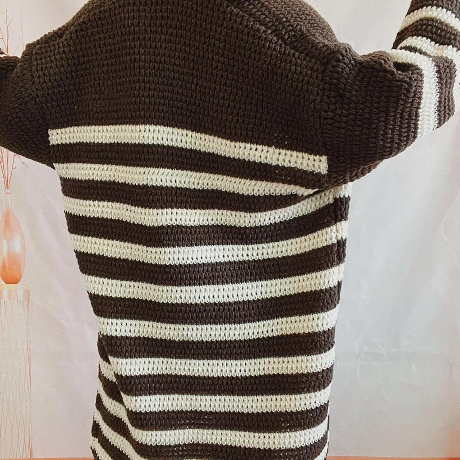 Long Sleeve Striped Knit Long Cardigan for Women 2024 Fall Winter Chunky Open Front Button Sweaters with Pockets