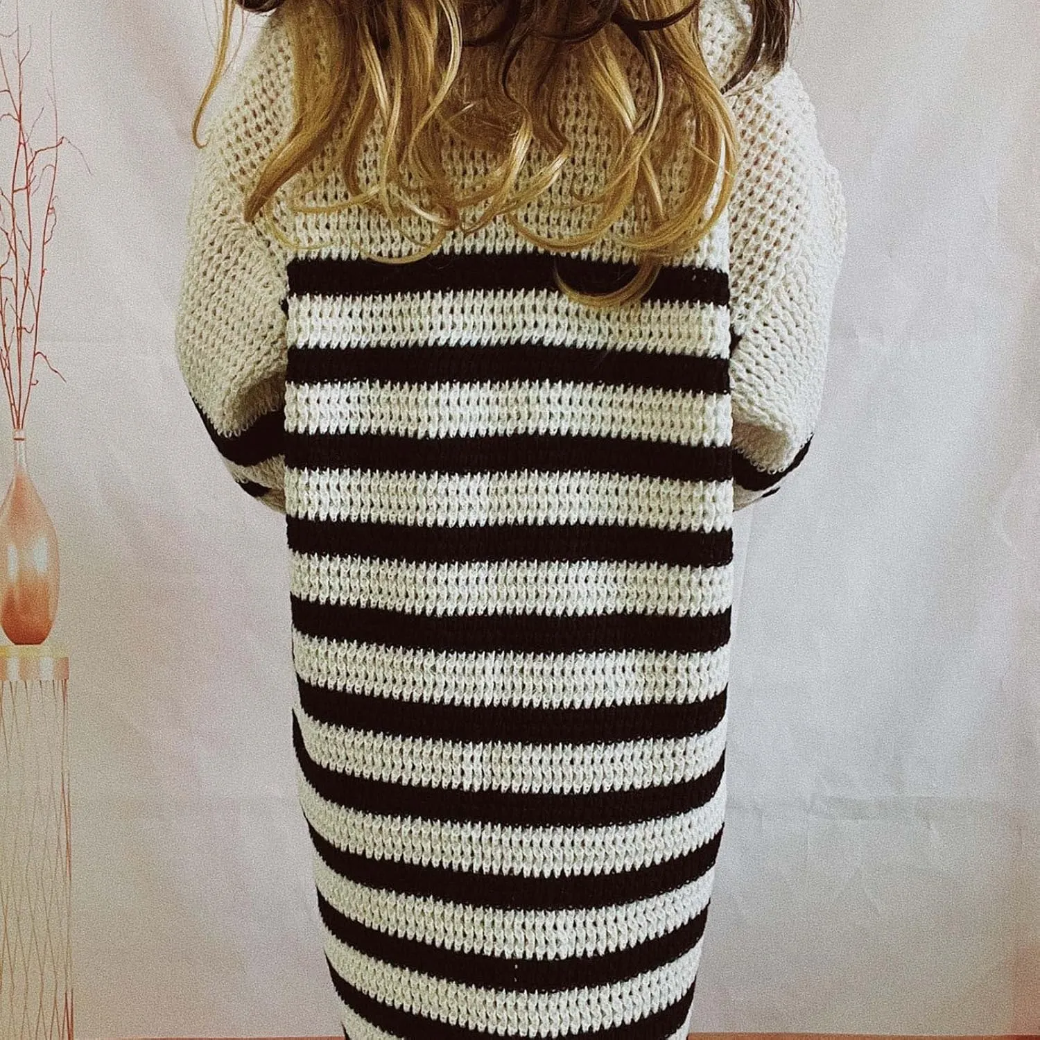 Long Sleeve Striped Knit Long Cardigan for Women 2024 Fall Winter Chunky Open Front Button Sweaters with Pockets