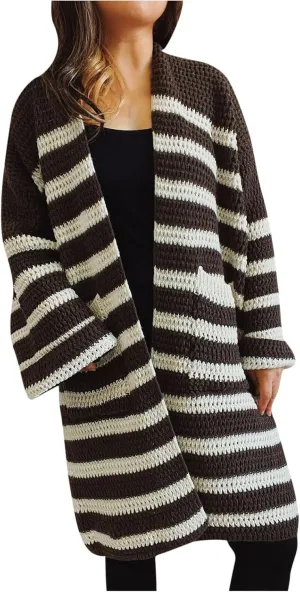 Long Sleeve Striped Knit Long Cardigan for Women 2024 Fall Winter Chunky Open Front Button Sweaters with Pockets