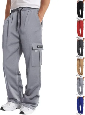 Loose Fit Cargo Sweatpants for Men Drawstring Waist Wide Leg Cuffed Sweatpants Open Bottom Sweatpants with Pockets