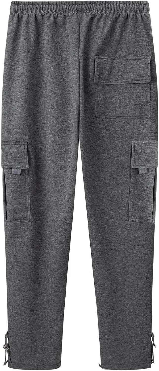 Loose Fit Cargo Sweatpants for Men Drawstring Waist Wide Leg Cuffed Sweatpants Open Bottom Sweatpants with Pockets