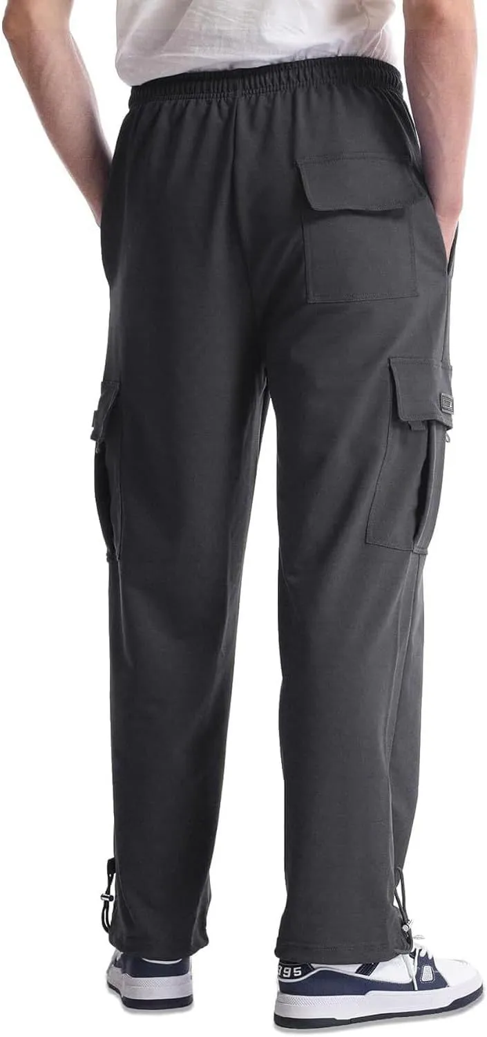 Loose Fit Cargo Sweatpants for Men Drawstring Waist Wide Leg Cuffed Sweatpants Open Bottom Sweatpants with Pockets