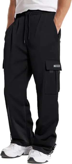 Loose Fit Cargo Sweatpants for Men Drawstring Waist Wide Leg Cuffed Sweatpants Open Bottom Sweatpants with Pockets