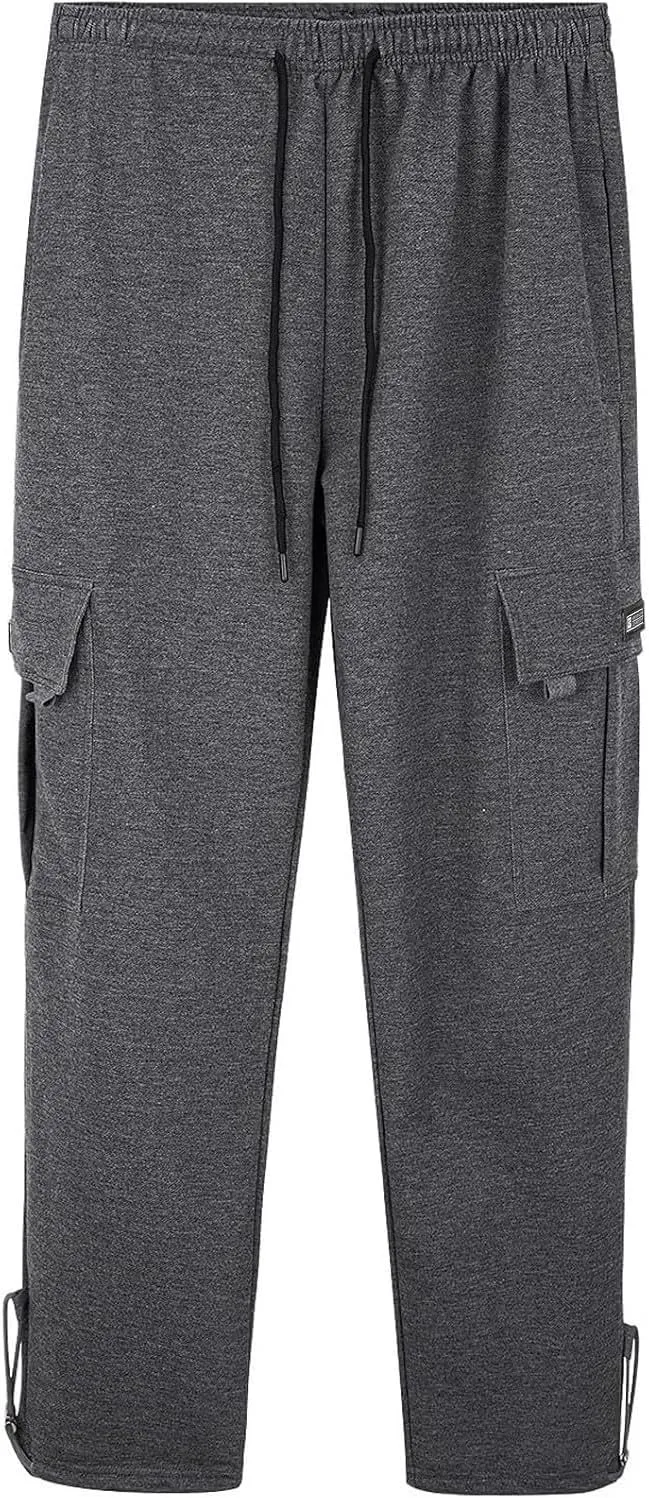 Loose Fit Cargo Sweatpants for Men Drawstring Waist Wide Leg Cuffed Sweatpants Open Bottom Sweatpants with Pockets