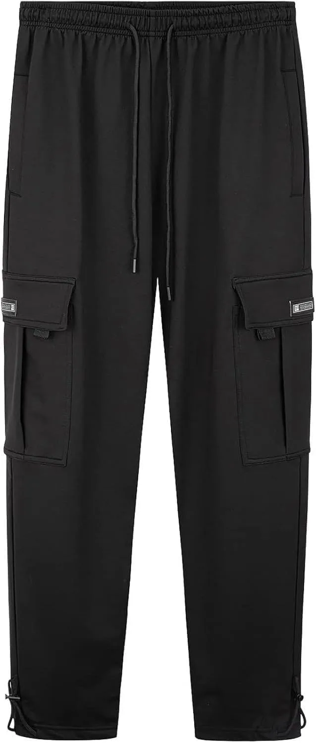 Loose Fit Cargo Sweatpants for Men Drawstring Waist Wide Leg Cuffed Sweatpants Open Bottom Sweatpants with Pockets