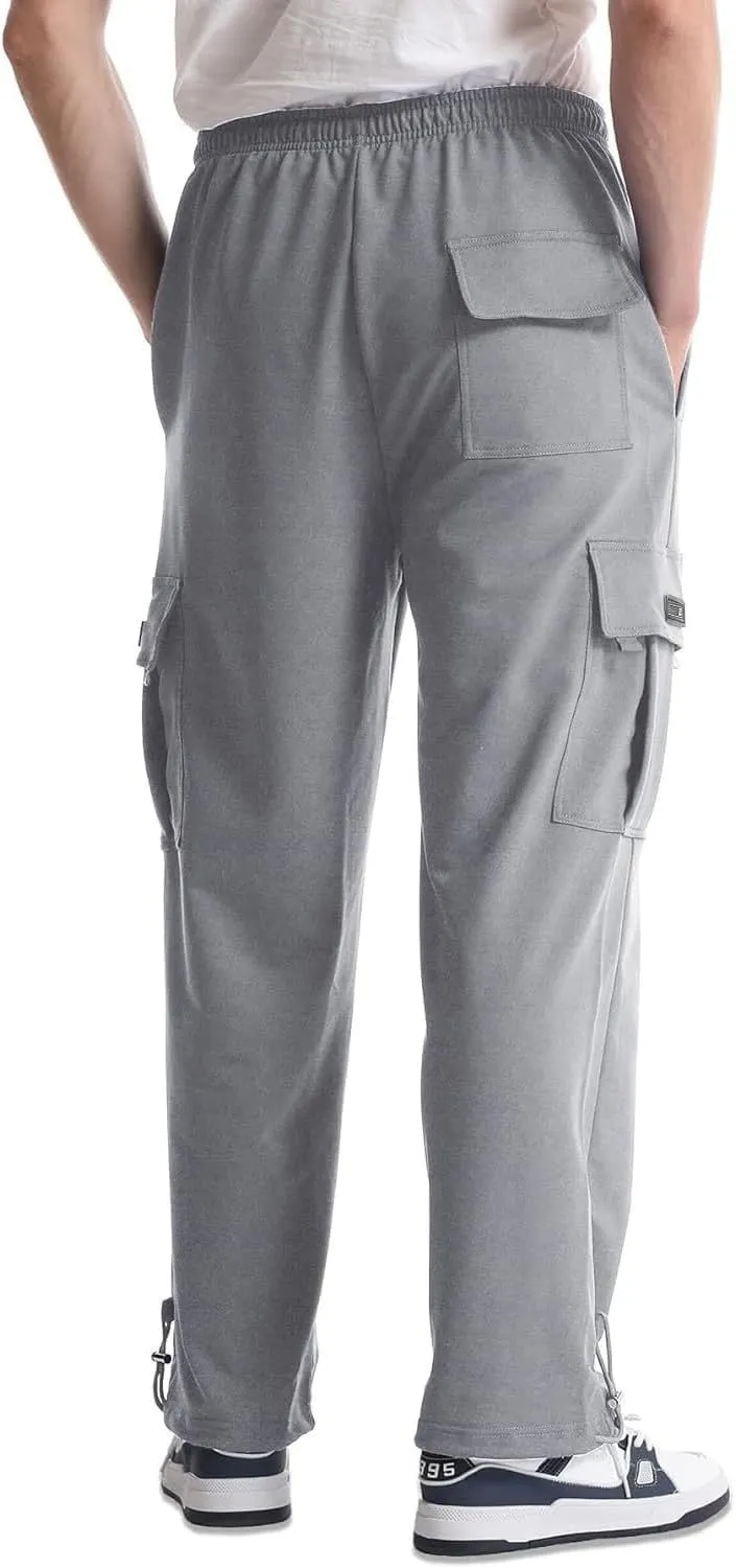 Loose Fit Cargo Sweatpants for Men Drawstring Waist Wide Leg Cuffed Sweatpants Open Bottom Sweatpants with Pockets