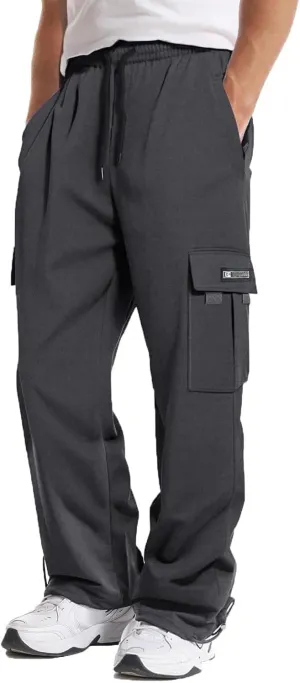 Loose Fit Cargo Sweatpants for Men Drawstring Waist Wide Leg Cuffed Sweatpants Open Bottom Sweatpants with Pockets