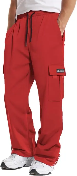 Loose Fit Cargo Sweatpants for Men Drawstring Waist Wide Leg Cuffed Sweatpants Open Bottom Sweatpants with Pockets